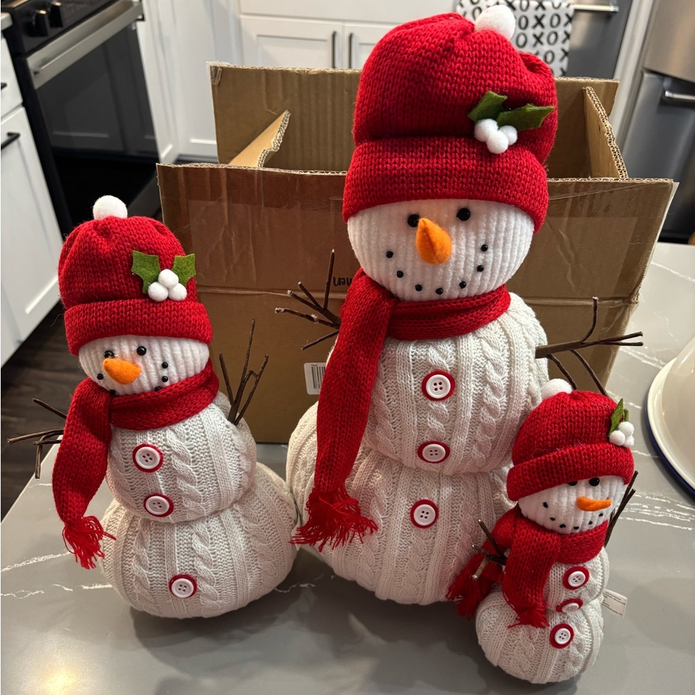 Set of 3 Cable Knit Sweater Snowman Family - Red by Valerie Parr Hill